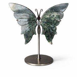 Moss Agate Butterfly Carving with Display Stand